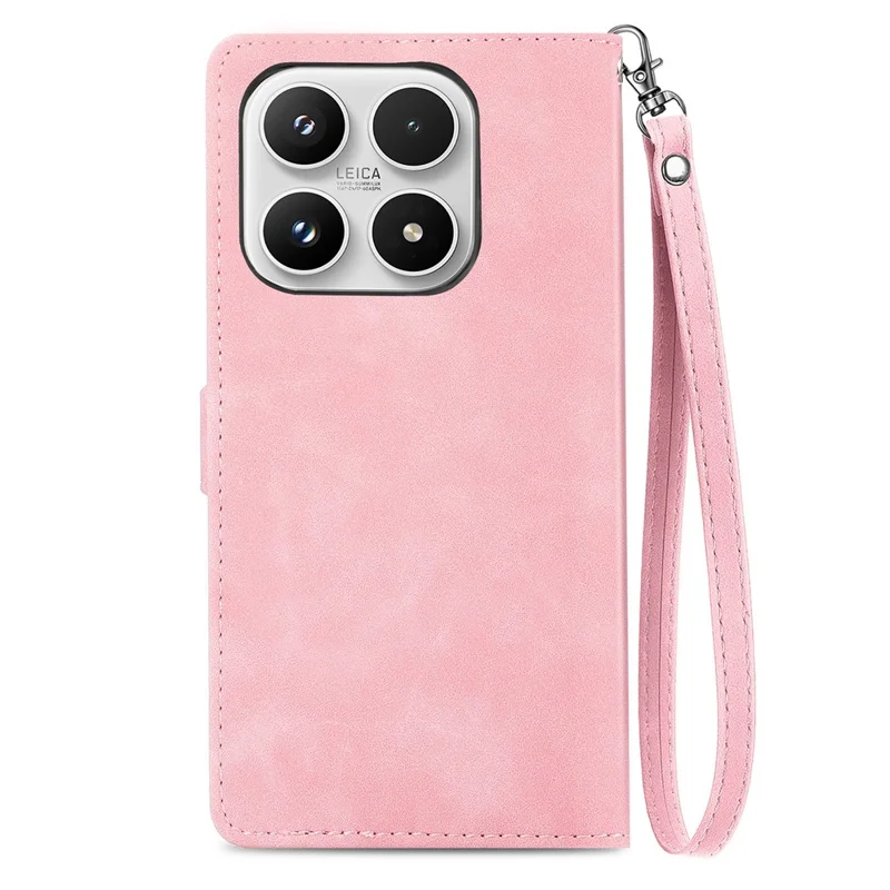 For Xiaomi 17 Zipper Wallet Case with Strap Flower Imprint PU Leather Phone Cover - Pink