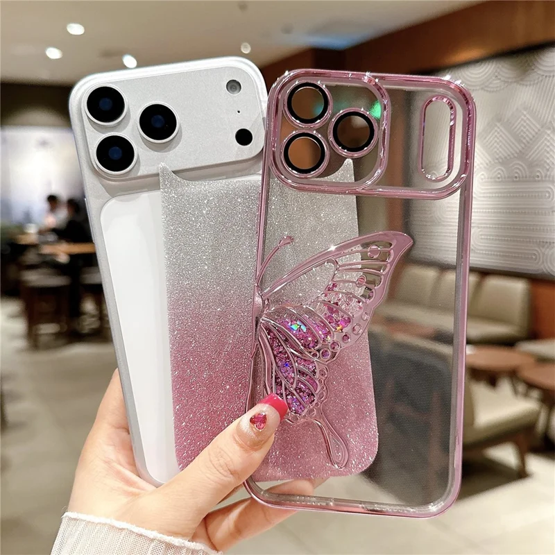 For iPhone 17 Pro Case Quicksand Butterfly TPU Phone Cover with Glass Lens Film - Silver