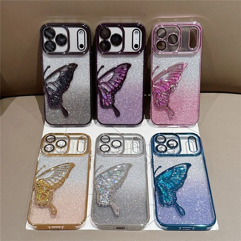 For iPhone 17 Pro Case Quicksand Butterfly TPU Phone Cover with Glass Lens Film - Silver
