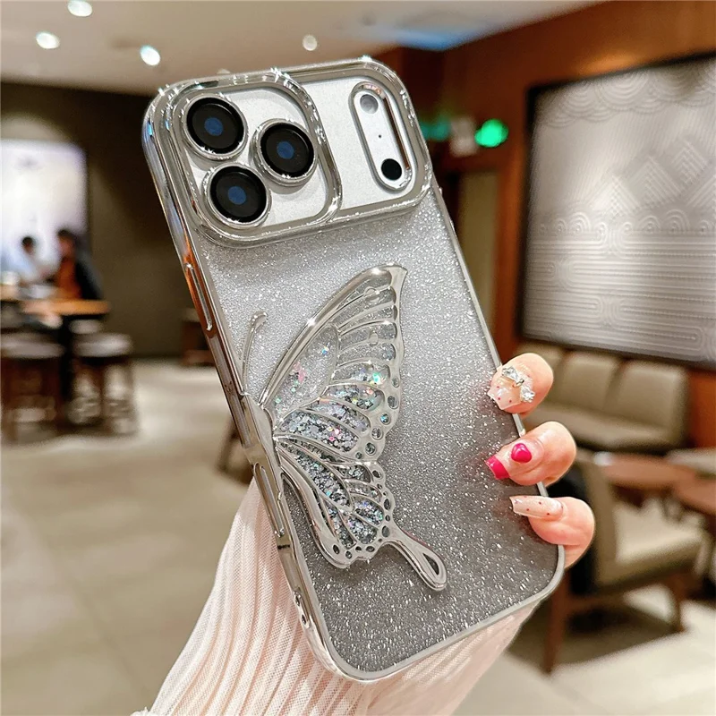 For iPhone 17 Pro Max Case Quicksand Butterfly TPU Phone Cover with Glass Lens Film - Silver