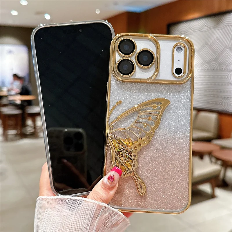 For iPhone 17 Pro Max Case Quicksand Butterfly TPU Phone Cover with Glass Lens Film - Silver