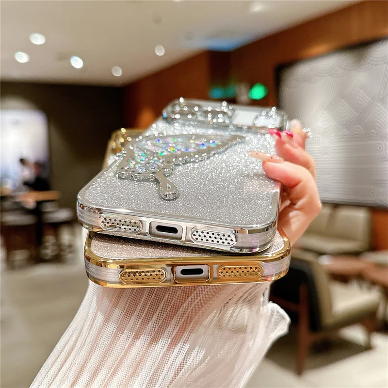 For iPhone 17 Pro Max Case Quicksand Butterfly TPU Phone Cover with Glass Lens Film - Silver