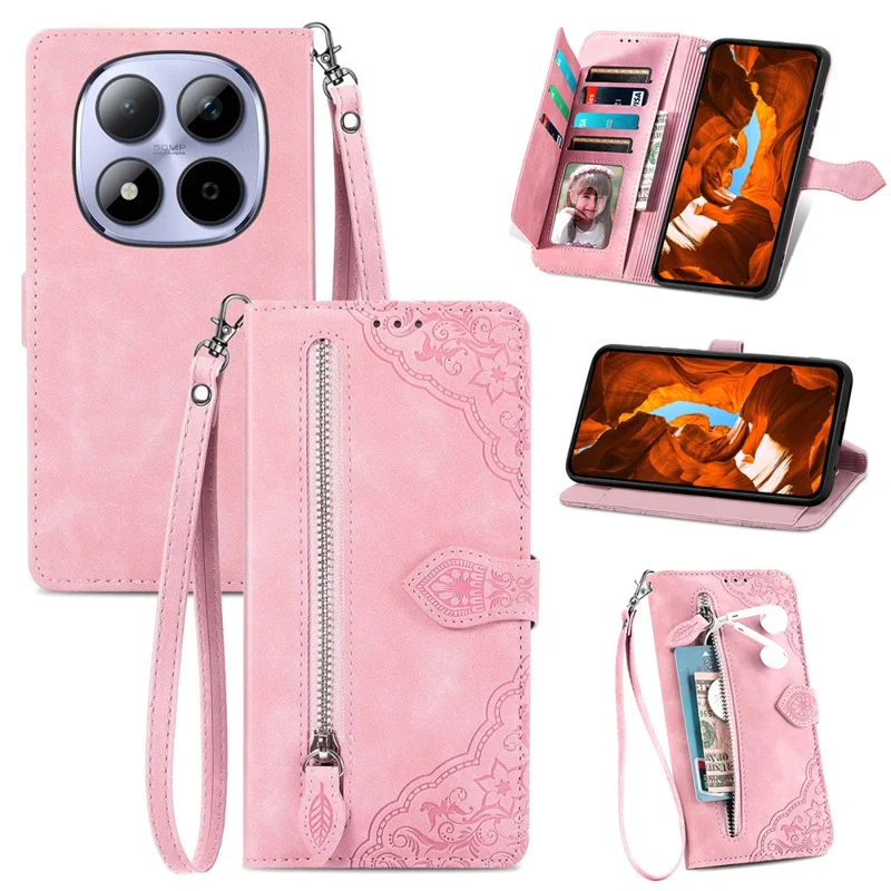 For Xiaomi Redmi Note 15 Pro 4G (Global) Zipper Wallet Case with Strap Flower Imprint PU Leather Phone Cover - Pink