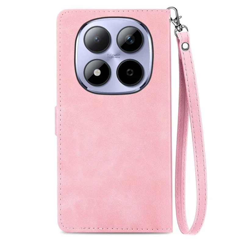 For Xiaomi Redmi Note 15 Pro 4G (Global) Zipper Wallet Case with Strap Flower Imprint PU Leather Phone Cover - Pink