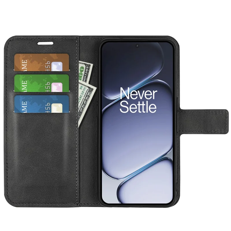 For OnePlus Ace 6 5G Stand Case Anti-Scratch Calf Texture Leather Phone Cover - Black