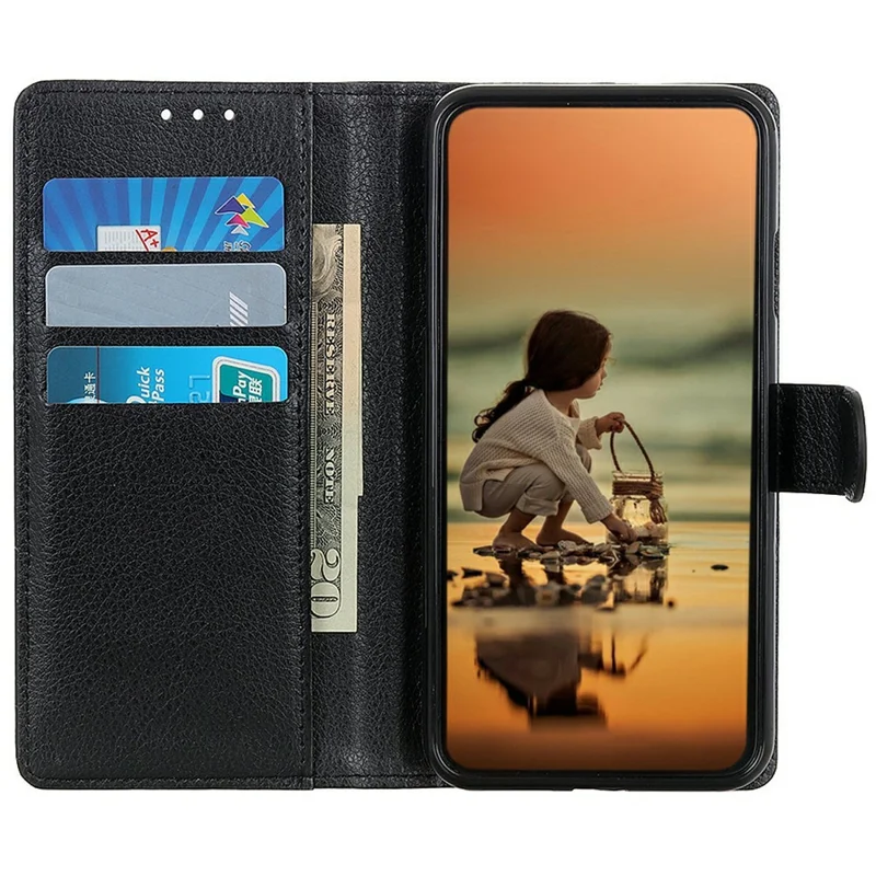 Für Samsung Galaxy S26+ Brieftaschenhülle PU-Leder-Handyhülle mit Litschitextur - Schwarz