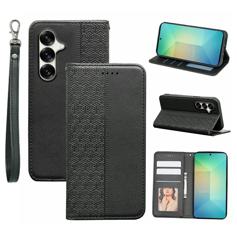 For Samsung Galaxy S26+ Wallet Phone Case Checkered Pattern Imprint Leather Flip Cover with Wrist Strap - Black