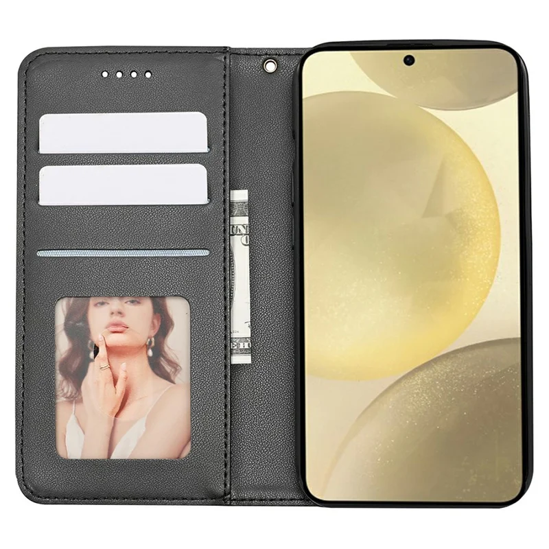 For Samsung Galaxy S26+ Wallet Phone Case Checkered Pattern Imprint Leather Flip Cover with Wrist Strap - Black