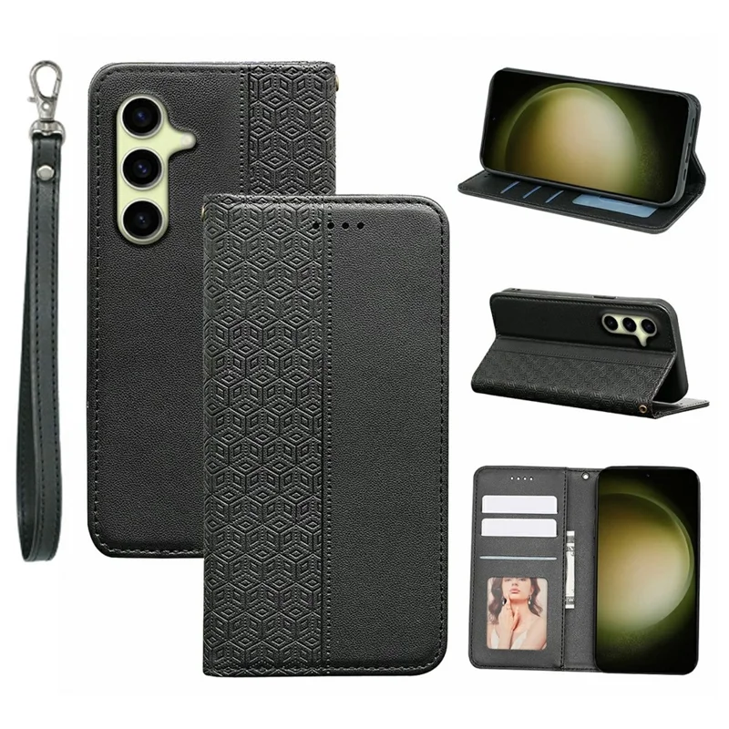 For Samsung Galaxy S26 Wallet Phone Case Checkered Pattern Imprint Leather Flip Cover with Wrist Strap - Black