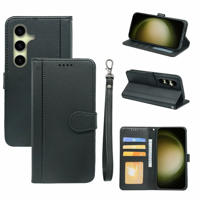 For Samsung Galaxy S26 Wallet Case Magnetic Snap Leather Phone Cover with Strap - Black