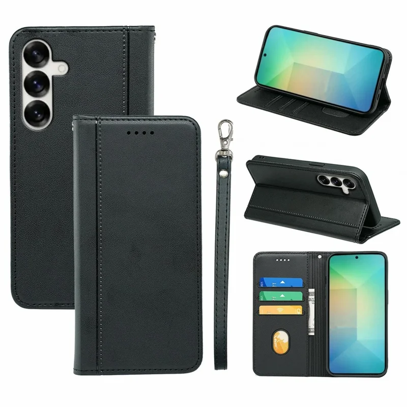 For Samsung Galaxy S26 Wallet Case Magnetic Closing PU Leather Phone Cover with Wrist Strap - Black