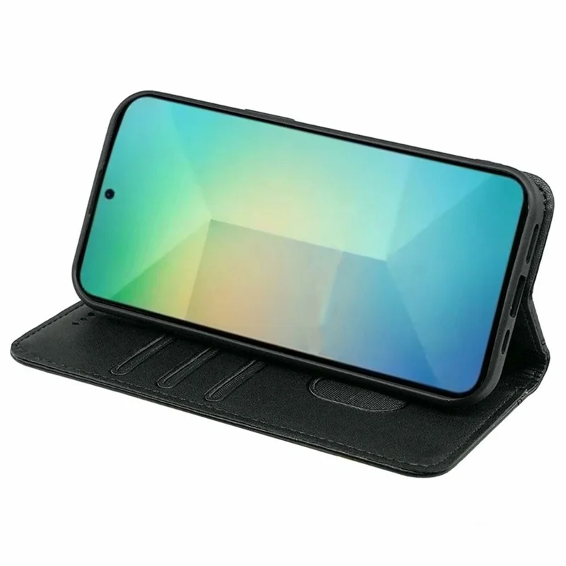 For Samsung Galaxy S26 Wallet Case Magnetic Closing PU Leather Phone Cover with Wrist Strap - Black