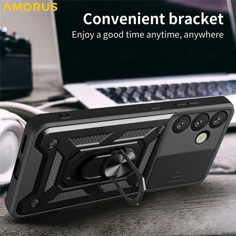 For Samsung Galaxy S26 Case with Slide Camera Lid PC + TPU Kickstand Phone Cover - Black