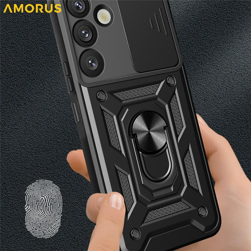 For Samsung Galaxy S26 Case with Slide Camera Lid PC + TPU Kickstand Phone Cover - Black