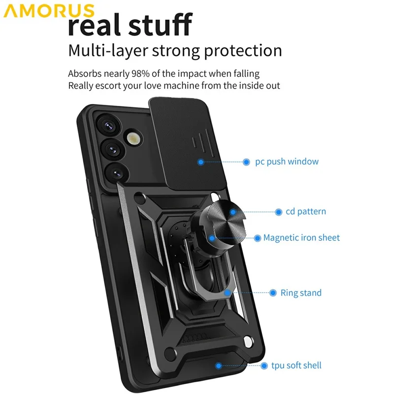 For Samsung Galaxy S26+ Case with Slide Camera Lid PC + TPU Kickstand Phone Cover - Black