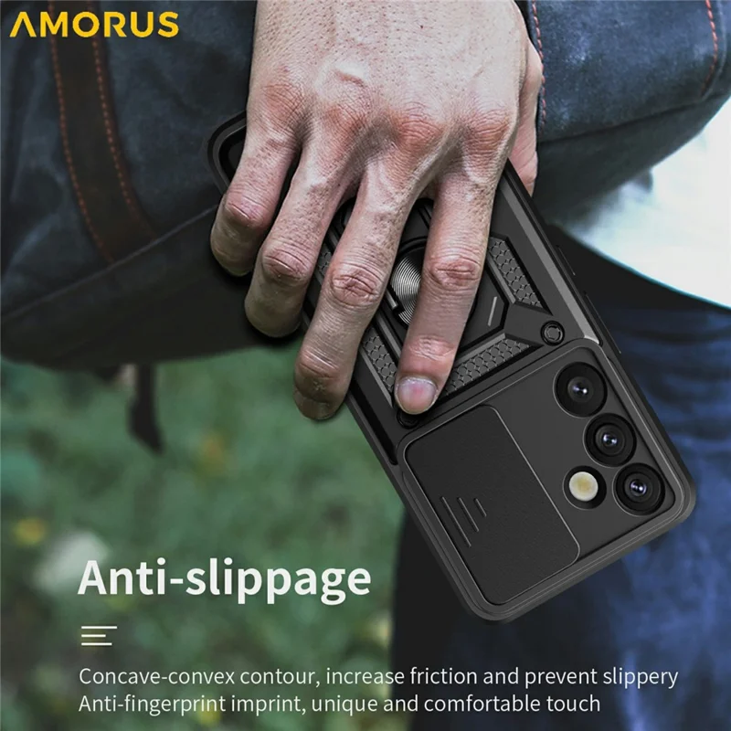 AMORUS pour Samsung Galaxy S26+ étui support intégré en PC + TPU avec couvercle coulissant pour appareil photo - Noir
