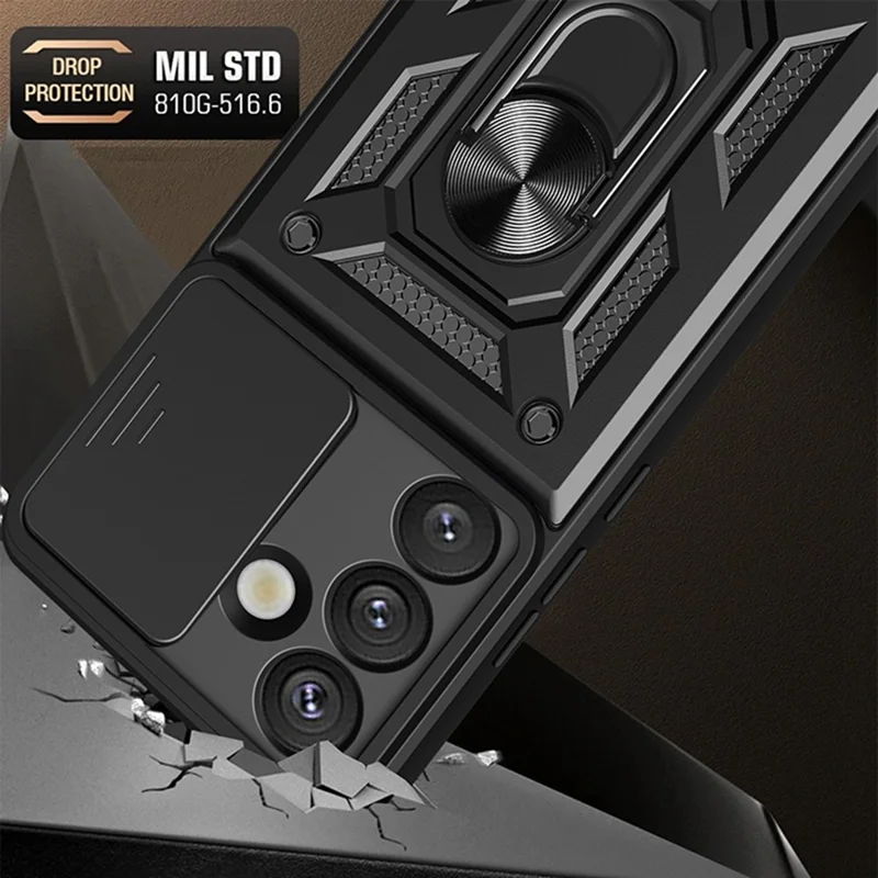 For Samsung Galaxy A57 5G Case with Slide Camera Lid PC + TPU Kickstand Phone Cover - Black