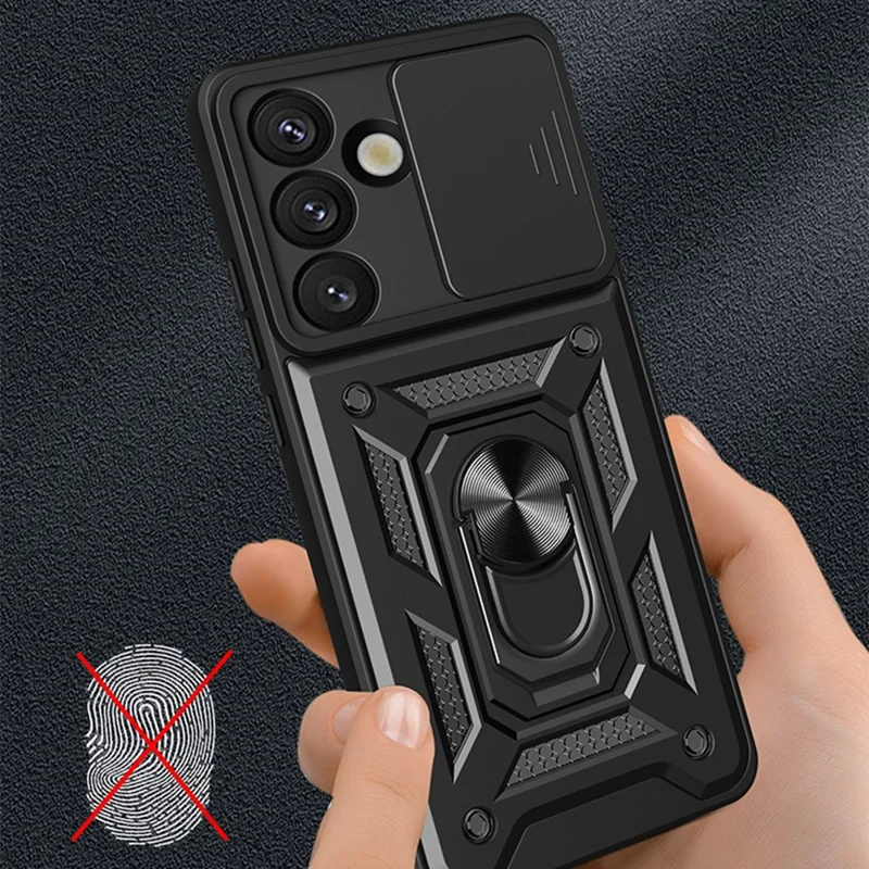 For Samsung Galaxy A57 5G Case with Slide Camera Lid PC + TPU Kickstand Phone Cover - Black