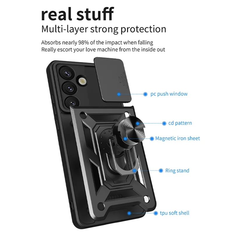 For Samsung Galaxy A57 5G Case with Slide Camera Lid PC + TPU Kickstand Phone Cover - Black