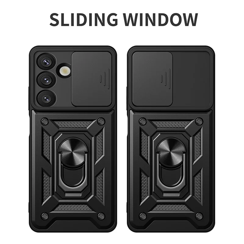 For Samsung Galaxy A57 5G Case with Slide Camera Lid PC + TPU Kickstand Phone Cover - Black