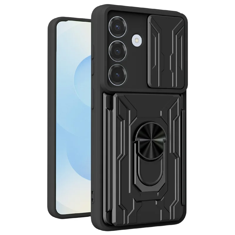 For Samsung Galaxy S26 Case PC + TPU Kickstand Phone Back Cover with Camera Slider - Black