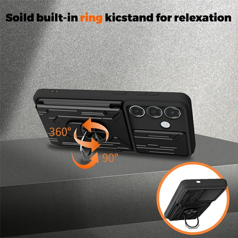 For Samsung Galaxy S26 Case PC + TPU Kickstand Phone Back Cover with Camera Slider - Black