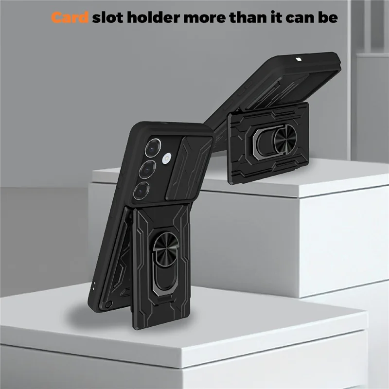 For Samsung Galaxy S26 Case PC + TPU Kickstand Phone Back Cover with Camera Slider - Black