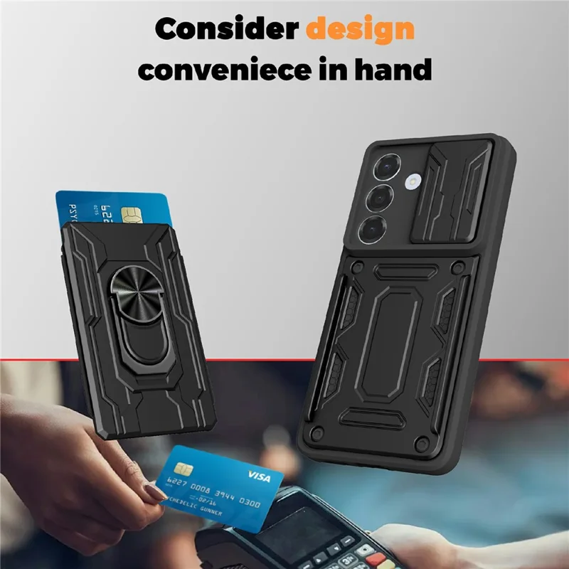 For Samsung Galaxy S26 Case PC + TPU Kickstand Phone Back Cover with Camera Slider - Black