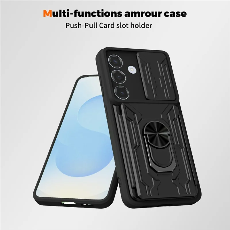 For Samsung Galaxy S26 Case PC + TPU Kickstand Phone Back Cover with Camera Slider - Black