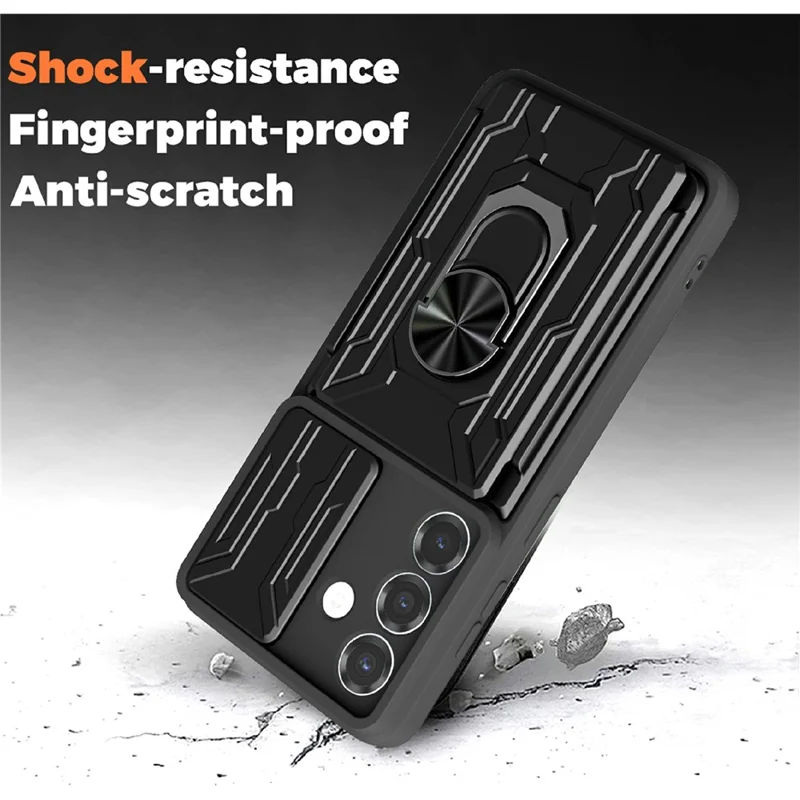 For Samsung Galaxy S26 Case PC + TPU Kickstand Phone Back Cover with Camera Slider - Black