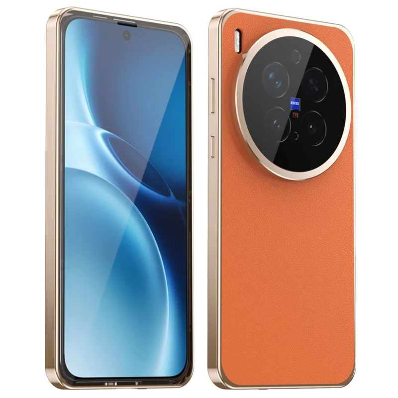 For vivo X300 Pro 5G Case Magnetic Frame Front Tempered Glass Leather PC Back Phone Cover - Orange