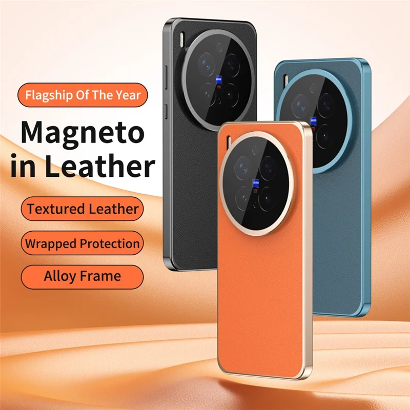 For vivo X300 Pro 5G Case Magnetic Frame Front Tempered Glass Leather PC Back Phone Cover - Orange