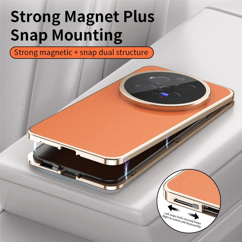 For vivo X300 Pro 5G Case Magnetic Frame Front Tempered Glass Leather PC Back Phone Cover - Orange
