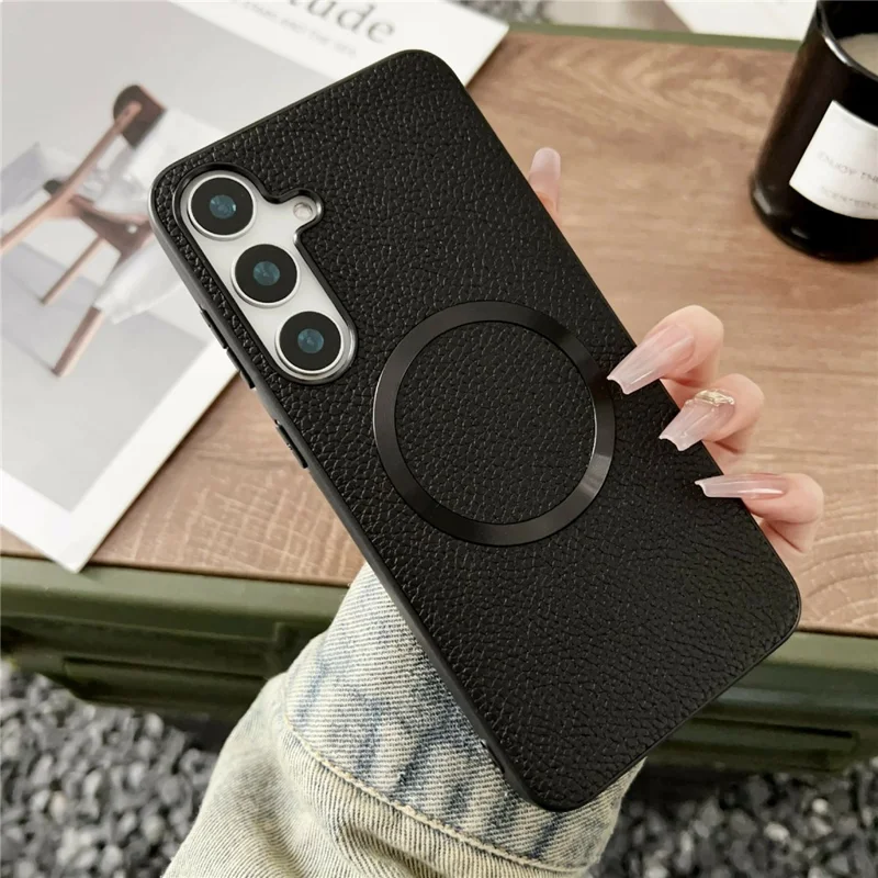 For Samsung Galaxy A37 5G Magnetic Case Litchi Texture PU Leather + TPU Phone Back Cover - Black