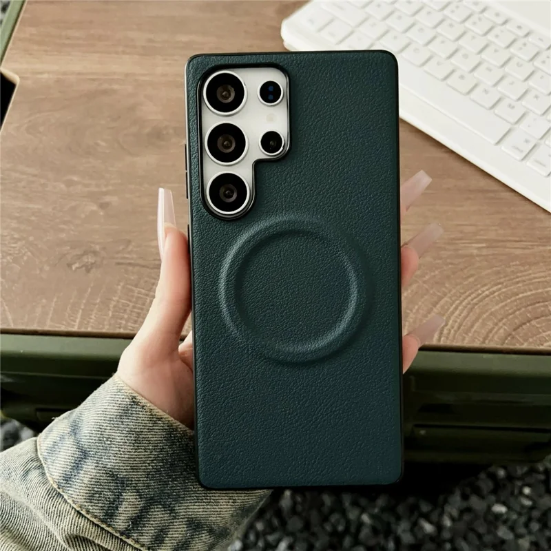 For Samsung Galaxy S26 Ultra Magnetic Case PU Leather + TPU Phone Back Cover - Blackish Green