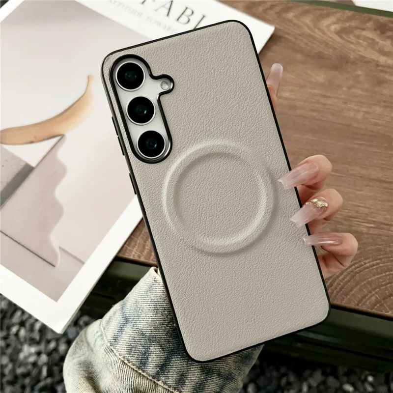 For Samsung Galaxy S26 Magnetic Case PU Leather + TPU Phone Back Cover - White