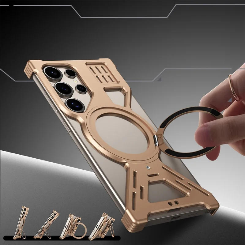 For Samsung Galaxy S24 Ultra Magnetic Bumper Case Rotating Kickstand Metal Phone Cover - Desert Gold