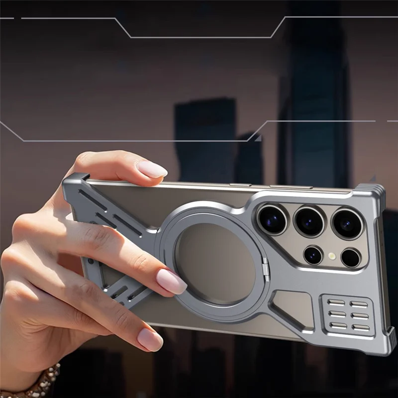 For Samsung Galaxy S24 Ultra Magnetic Bumper Case Rotating Kickstand Metal Phone Cover - Desert Gold