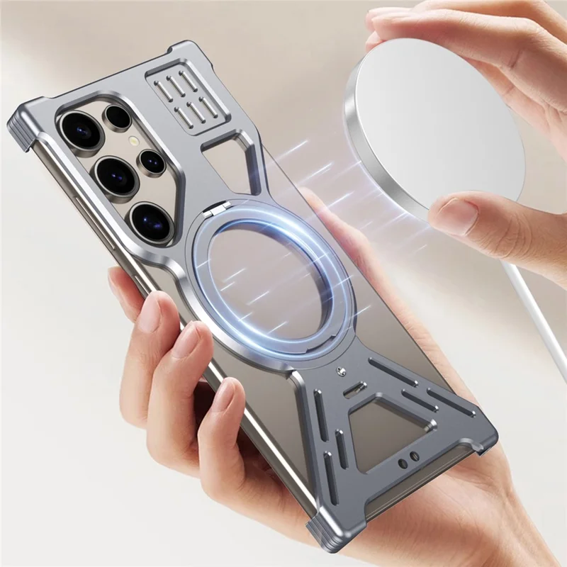 For Samsung Galaxy S24 Ultra Magnetic Bumper Case Rotating Kickstand Metal Phone Cover - Desert Gold