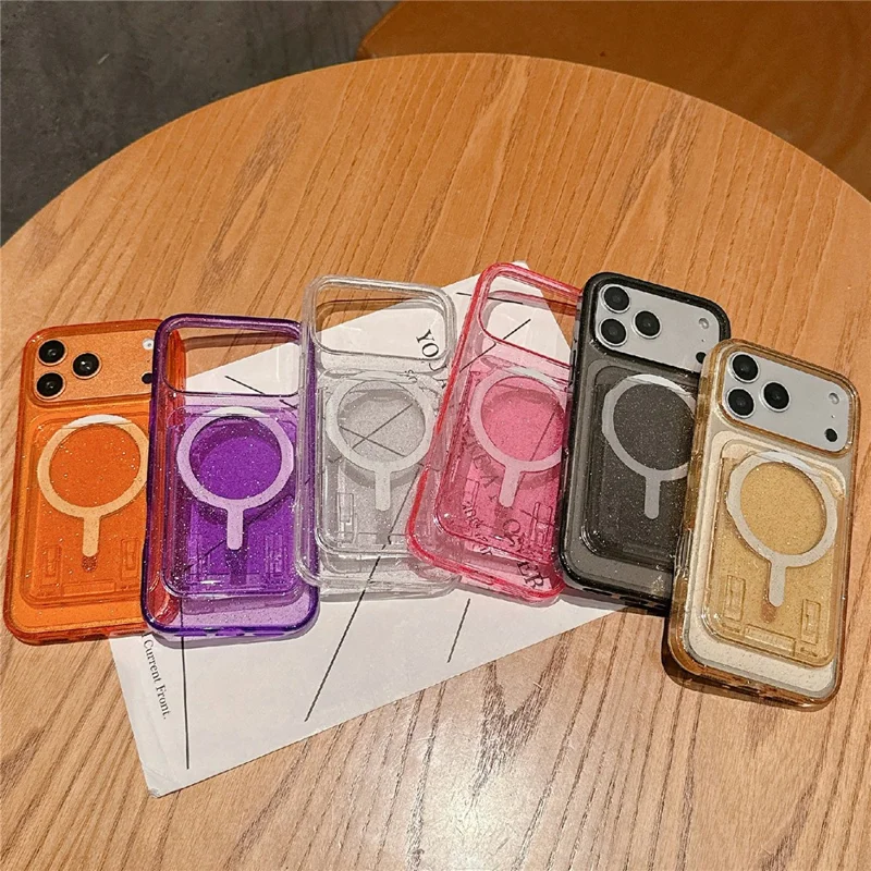 For iPhone 17 Pro Case Compatible with MagSafe Glitter Slim Clear Phone Cover with Card Holder - Orange