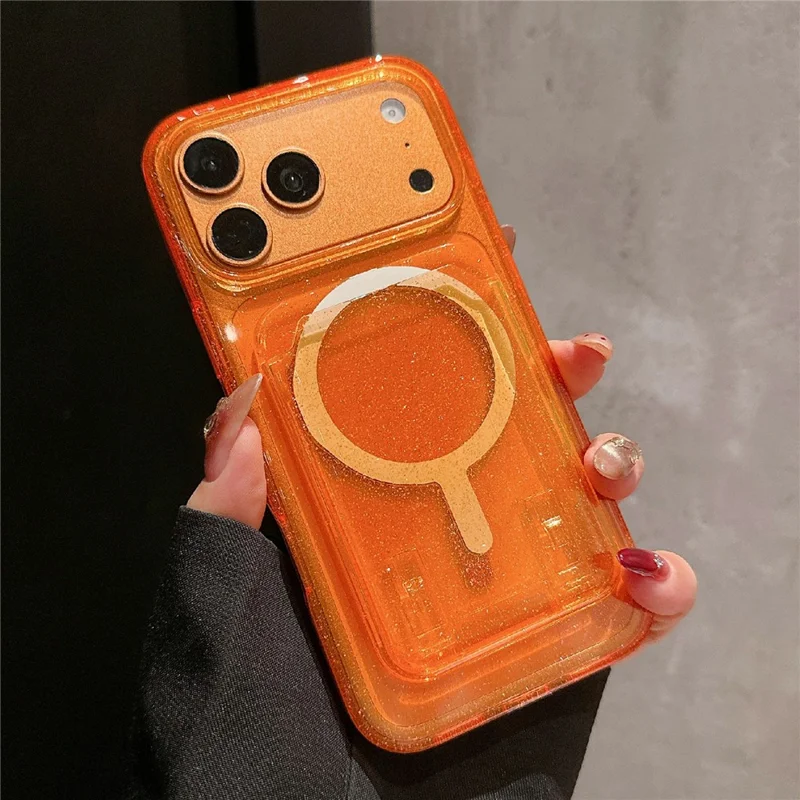 For iPhone 17 Pro Max Case Compatible with MagSafe Glitter Slim Clear Phone Cover with Card Holder - Orange
