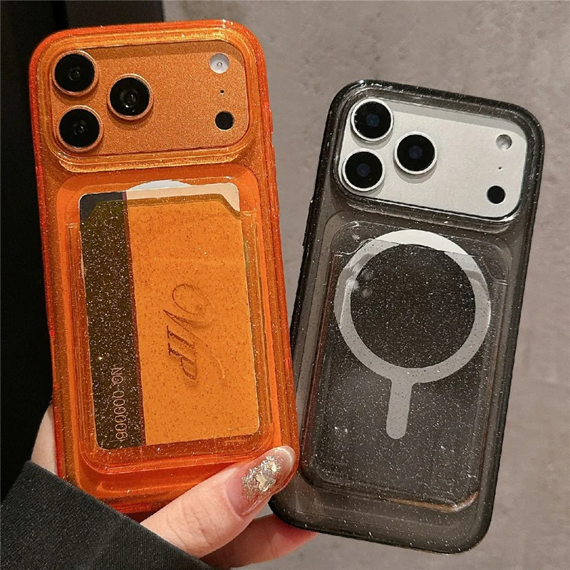 For iPhone 17 Pro Max Case Compatible with MagSafe Glitter Slim Clear Phone Cover with Card Holder - Orange
