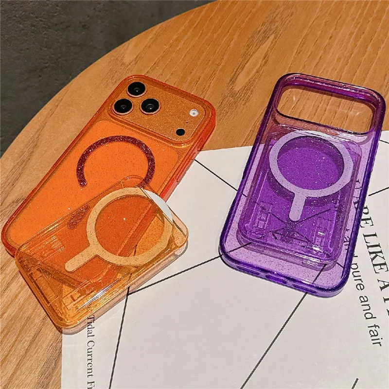 For iPhone 17 Pro Max Case Compatible with MagSafe Glitter Slim Clear Phone Cover with Card Holder - Orange