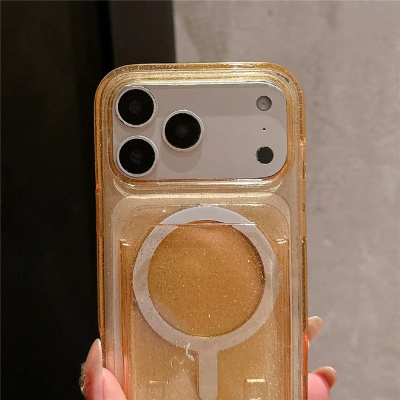 For iPhone 17 Pro Max Case Compatible with MagSafe Glitter Slim Clear Phone Cover with Card Holder - Orange