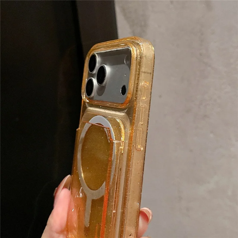 For iPhone 17 Pro Max Case Compatible with MagSafe Glitter Slim Clear Phone Cover with Card Holder - Orange