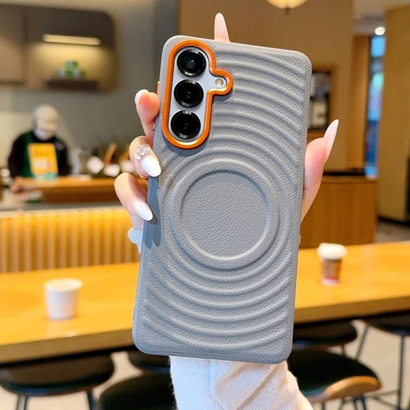 For Samsung Galaxy S26+ Magnetic Case Wave Texture PU Leather Coated PC + TPU Phone Cover - Grey