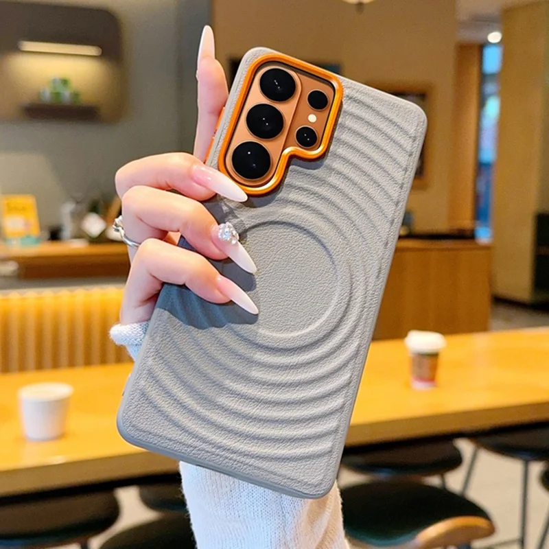 For Samsung Galaxy S26+ Magnetic Case Wave Texture PU Leather Coated PC + TPU Phone Cover - Grey