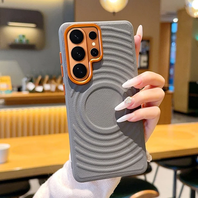 For Samsung Galaxy S26+ Magnetic Case Wave Texture PU Leather Coated PC + TPU Phone Cover - Grey