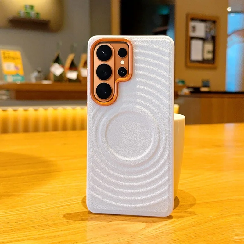 For Samsung Galaxy S26 Ultra Magnetic Case Wave Texture PU Leather Coated PC + TPU Phone Cover - White