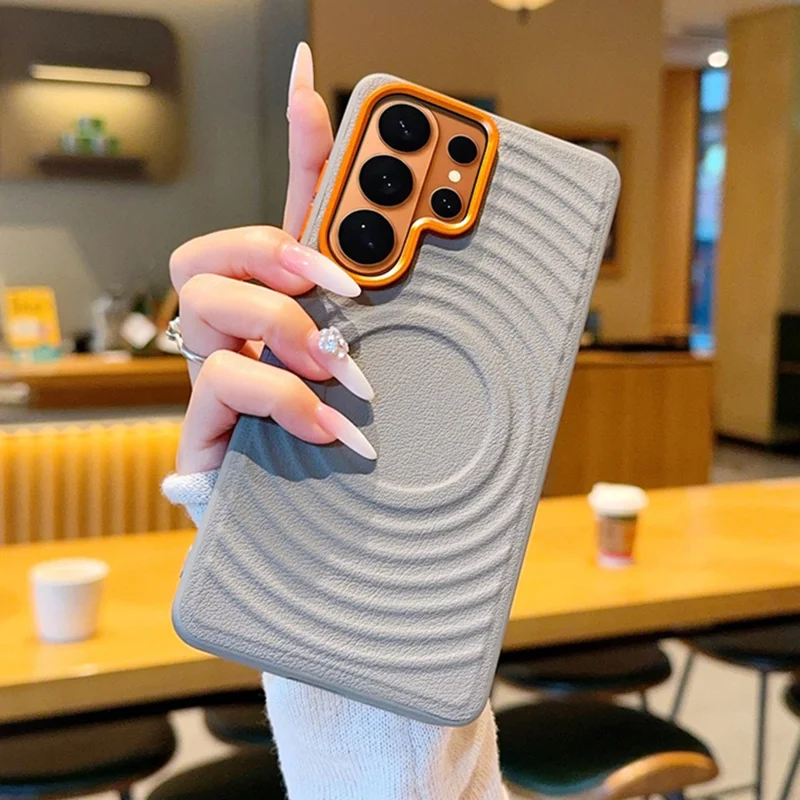 For Samsung Galaxy S26 Magnetic Case Wave Texture PU Leather Coated PC + TPU Phone Cover - Grey